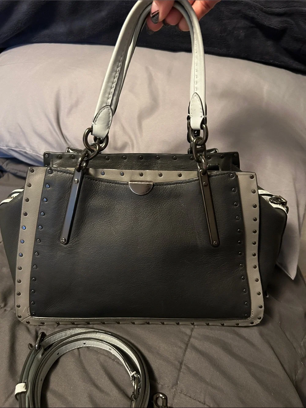 Coach Dreamer 27 Black, Light Gray, and Baby Blue Studded Leather Satchel - Picture 2 of 13